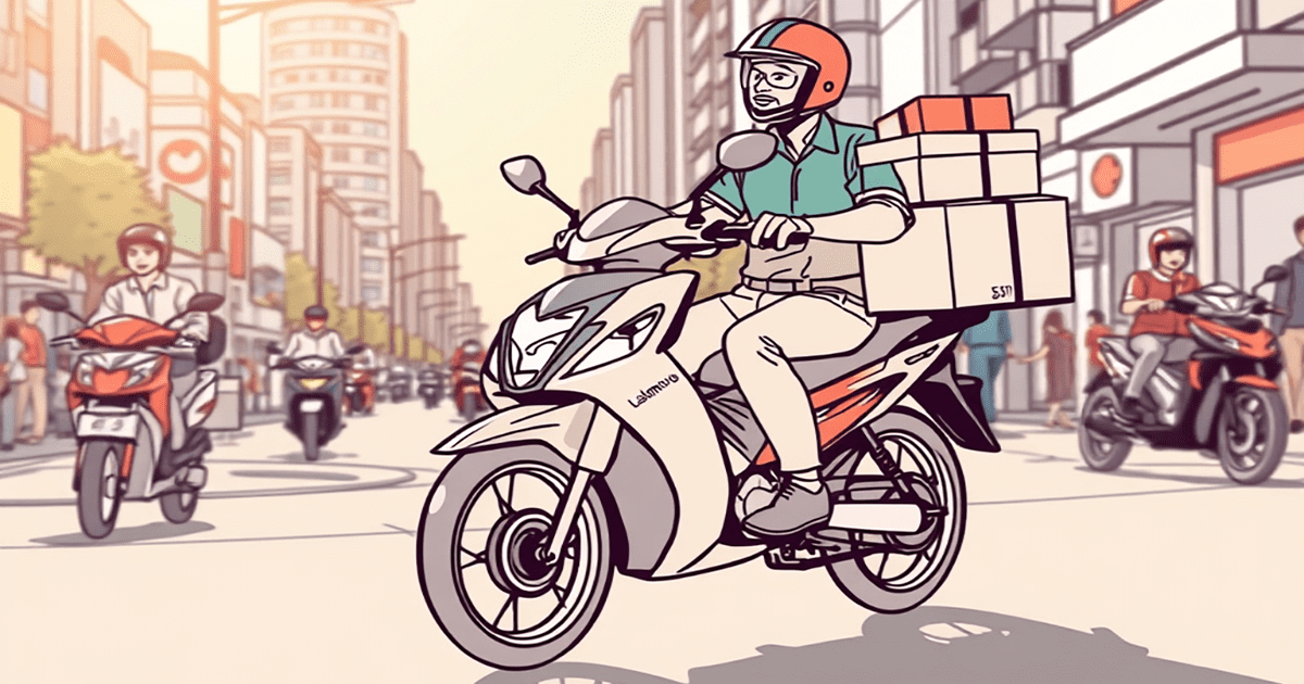 Delivery rider in busy city street.
